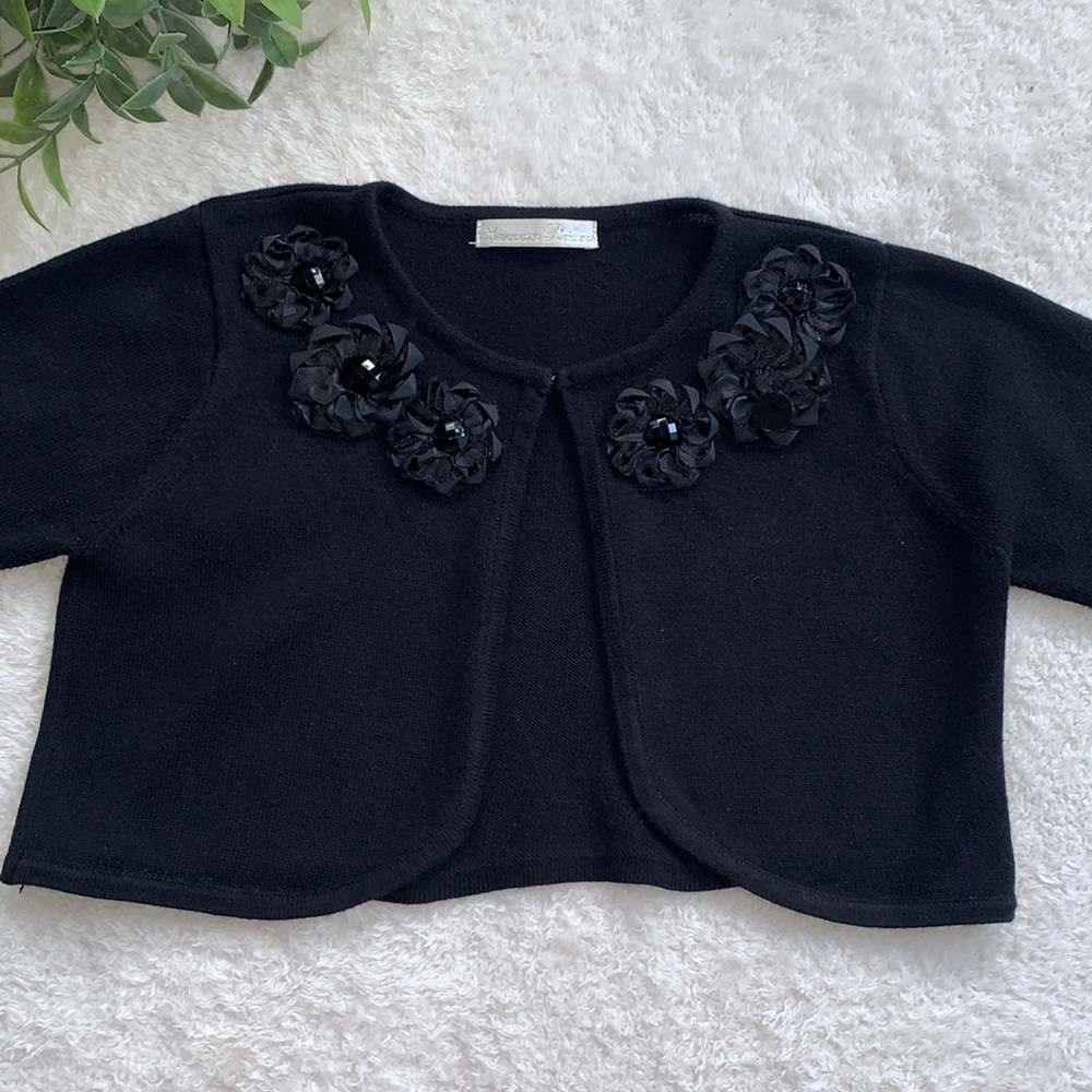 American Princess Black Sweater Shrug 6 EUC Floral Embellishments